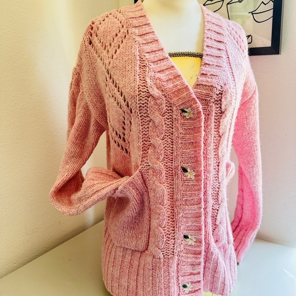 Marshalls Sweaters - Cliche Pink Cable Knit Cardigan with flower buttons size S